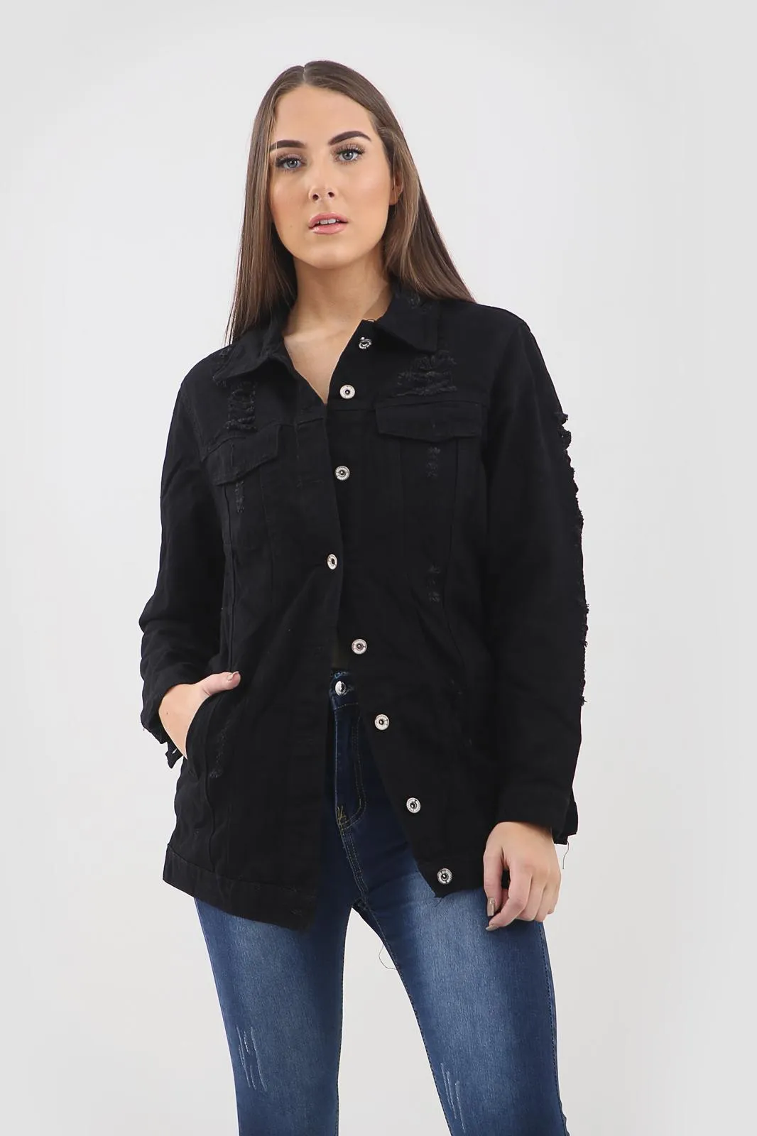 Black Distressed Lonf Denim Jacket sold by Denimwise product image thumbnail 2