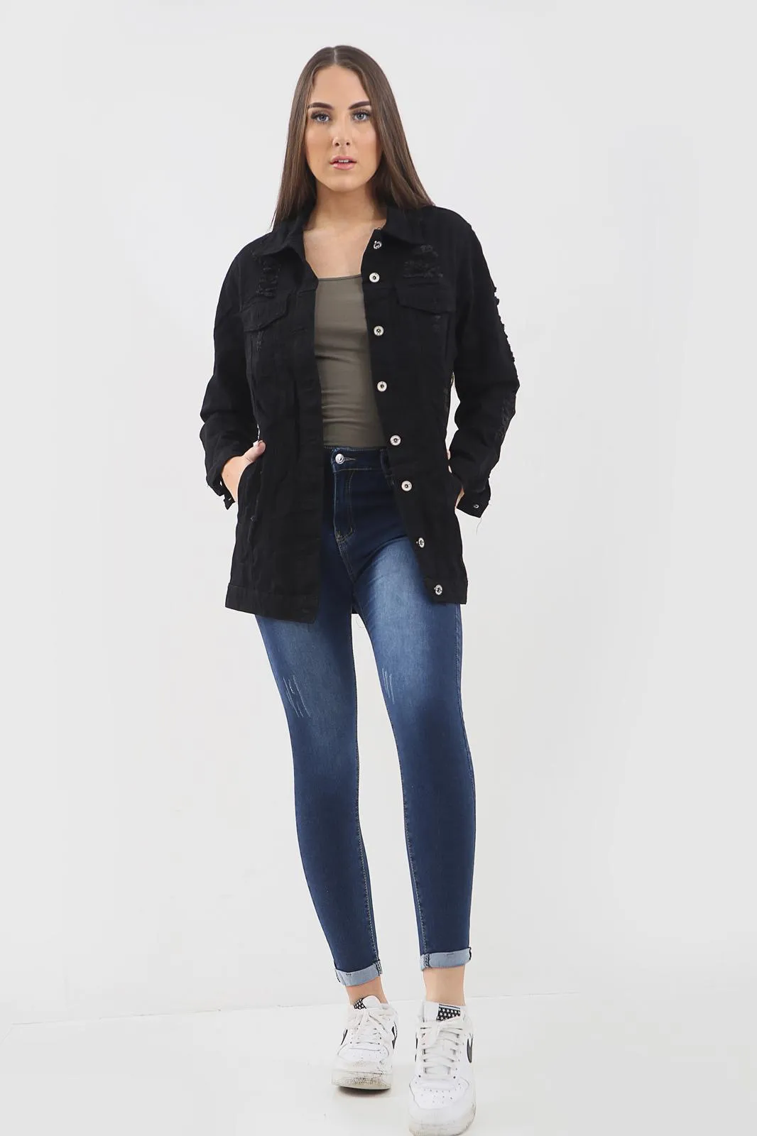 Black Distressed Lonf Denim Jacket sold by Denimwise