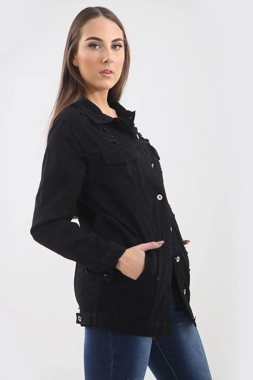 Black Distressed Lonf Denim Jacket sold by Denimwise product image thumbnail 3
