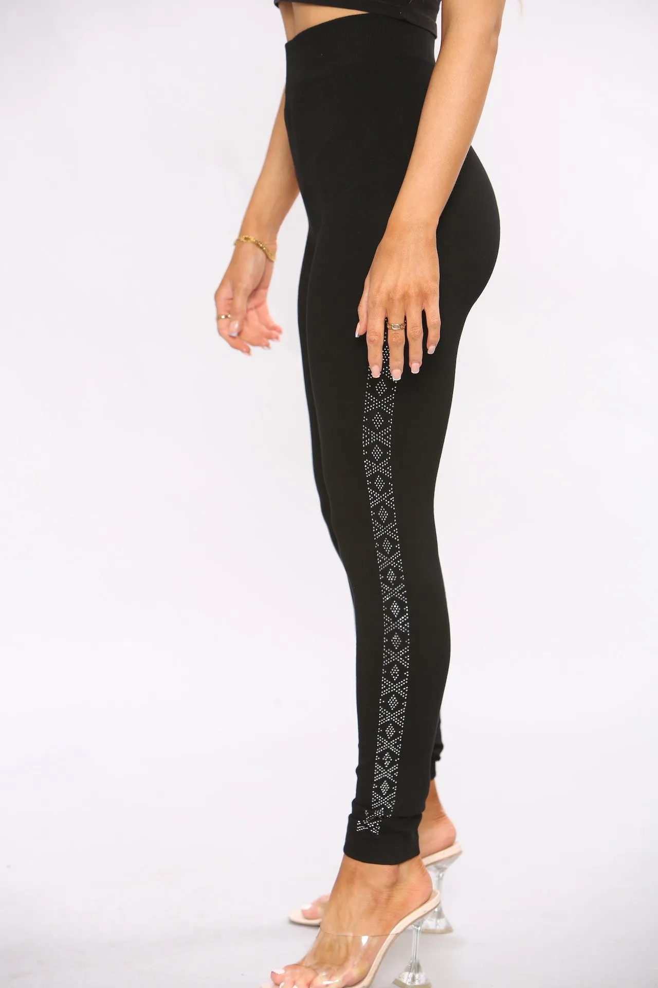Black Cotton Diamante Side leggings sold by Denimwise