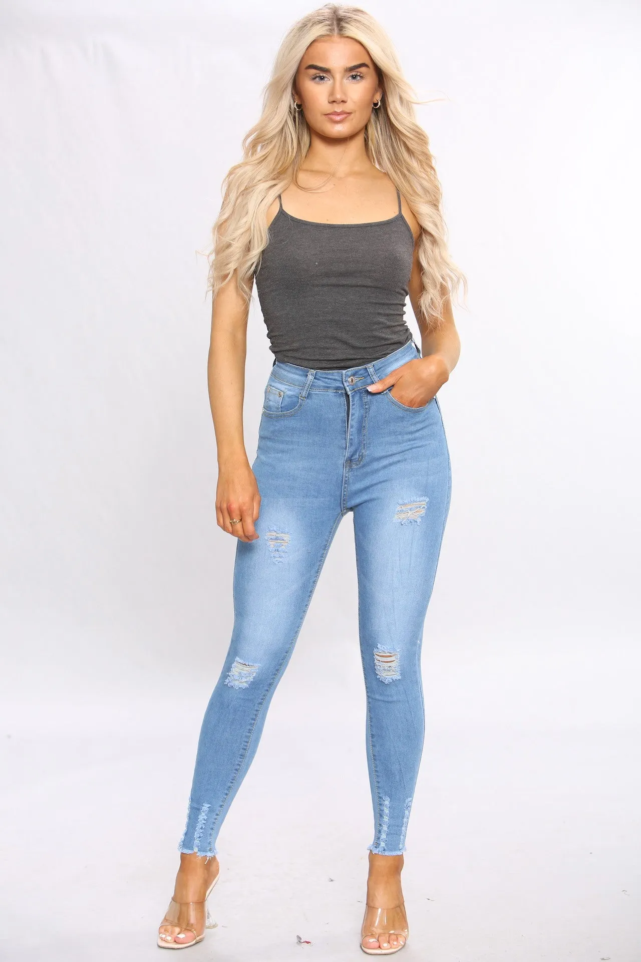 Blue Ripped Zip Hem Skinny Jeans sold by Denimwise