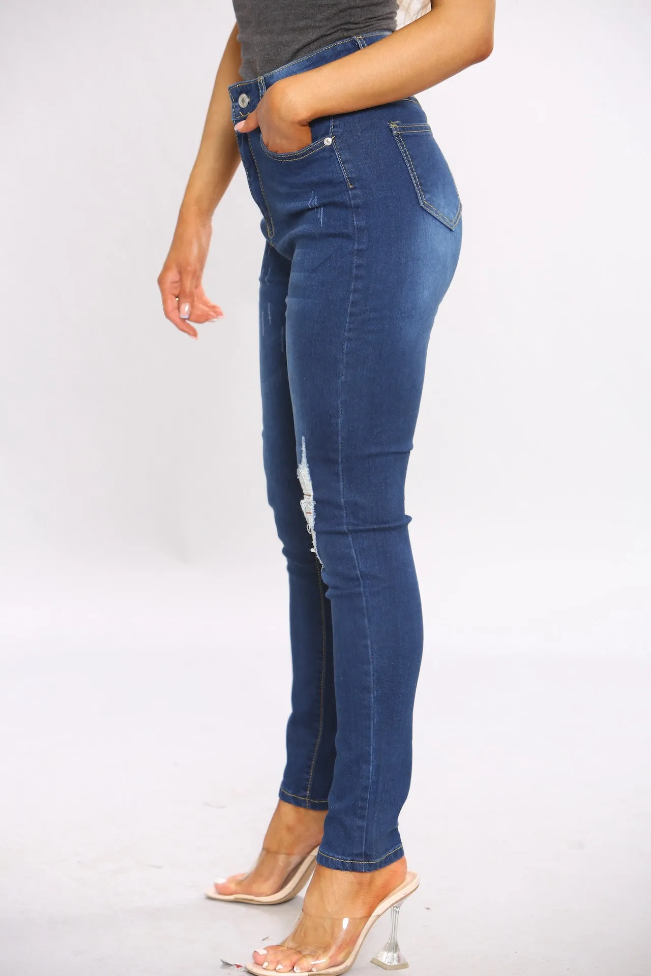 Blue High Waist Raw Cut Skinny Jeans sold by Denimwise