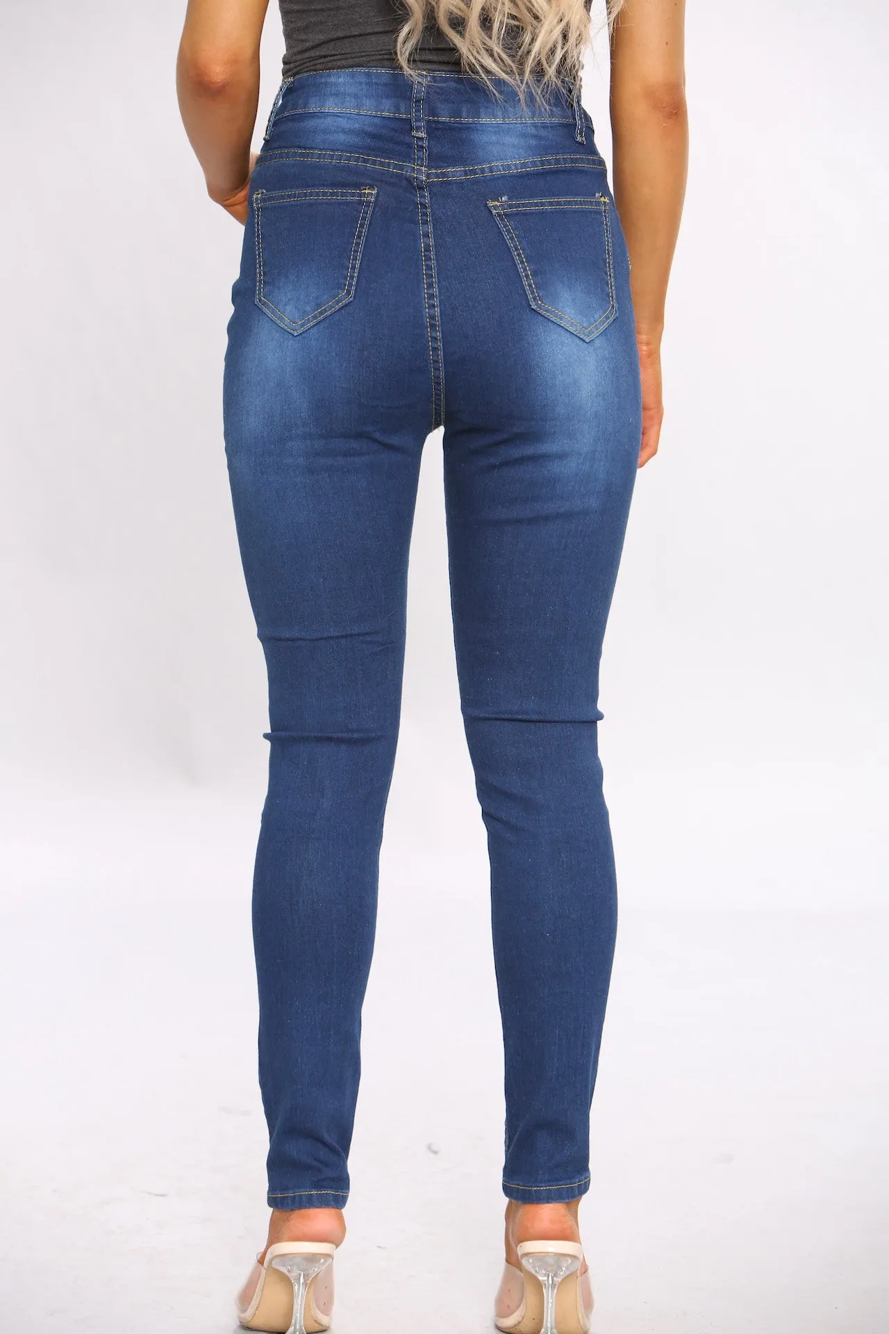 Blue High Waist Raw Cut Skinny Jeans sold by Denimwise product image thumbnail 4