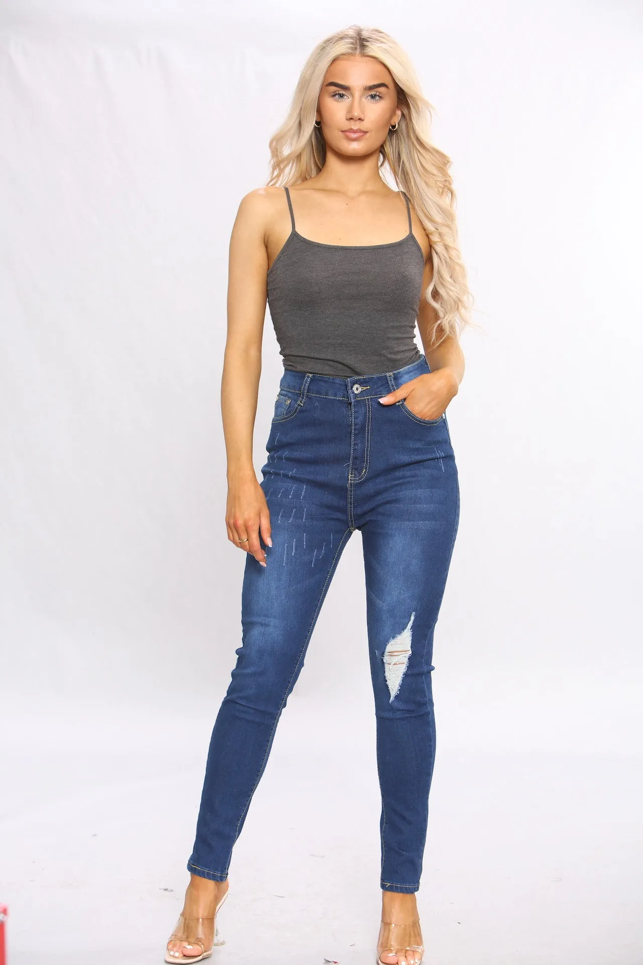 Blue High Waist Raw Cut Skinny Jeans sold by Denimwise product image thumbnail 2