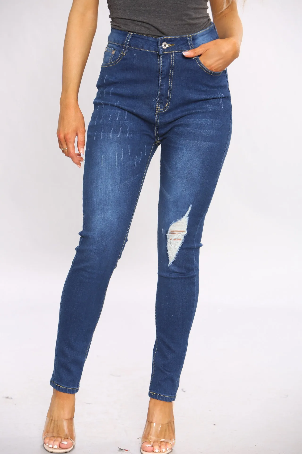 Blue High Waist Raw Cut Skinny Jeans sold by Denimwise product image thumbnail 3