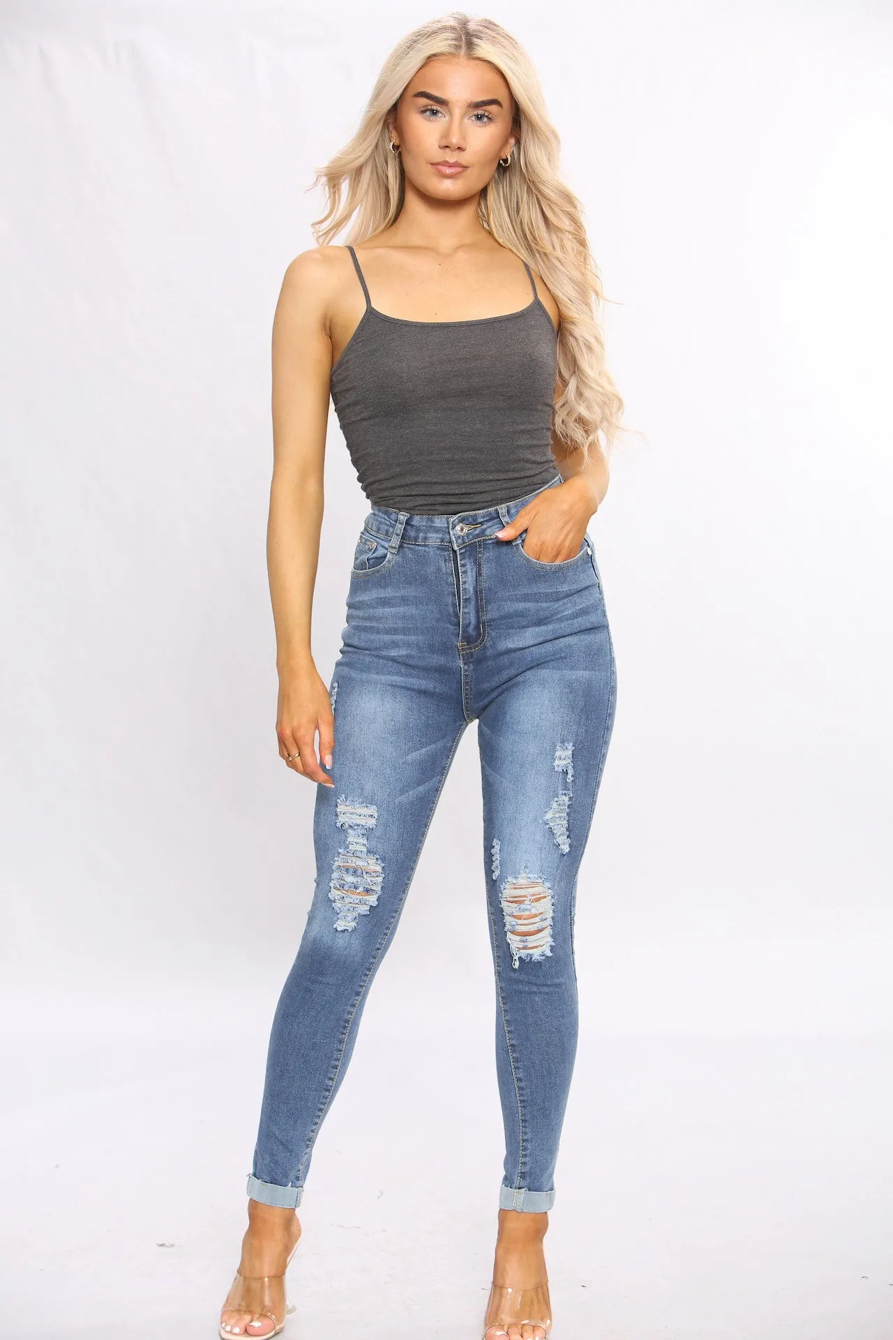 Denim Distressed Blue Wash Skinny Fit Jeans sold by Denimwise