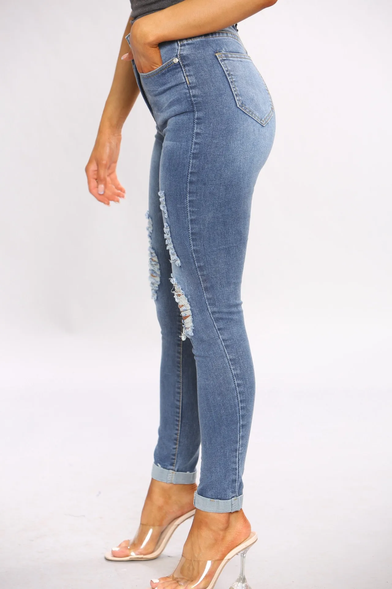 Denim Distressed Blue Wash Skinny Fit Jeans sold by Denimwise product image thumbnail 3