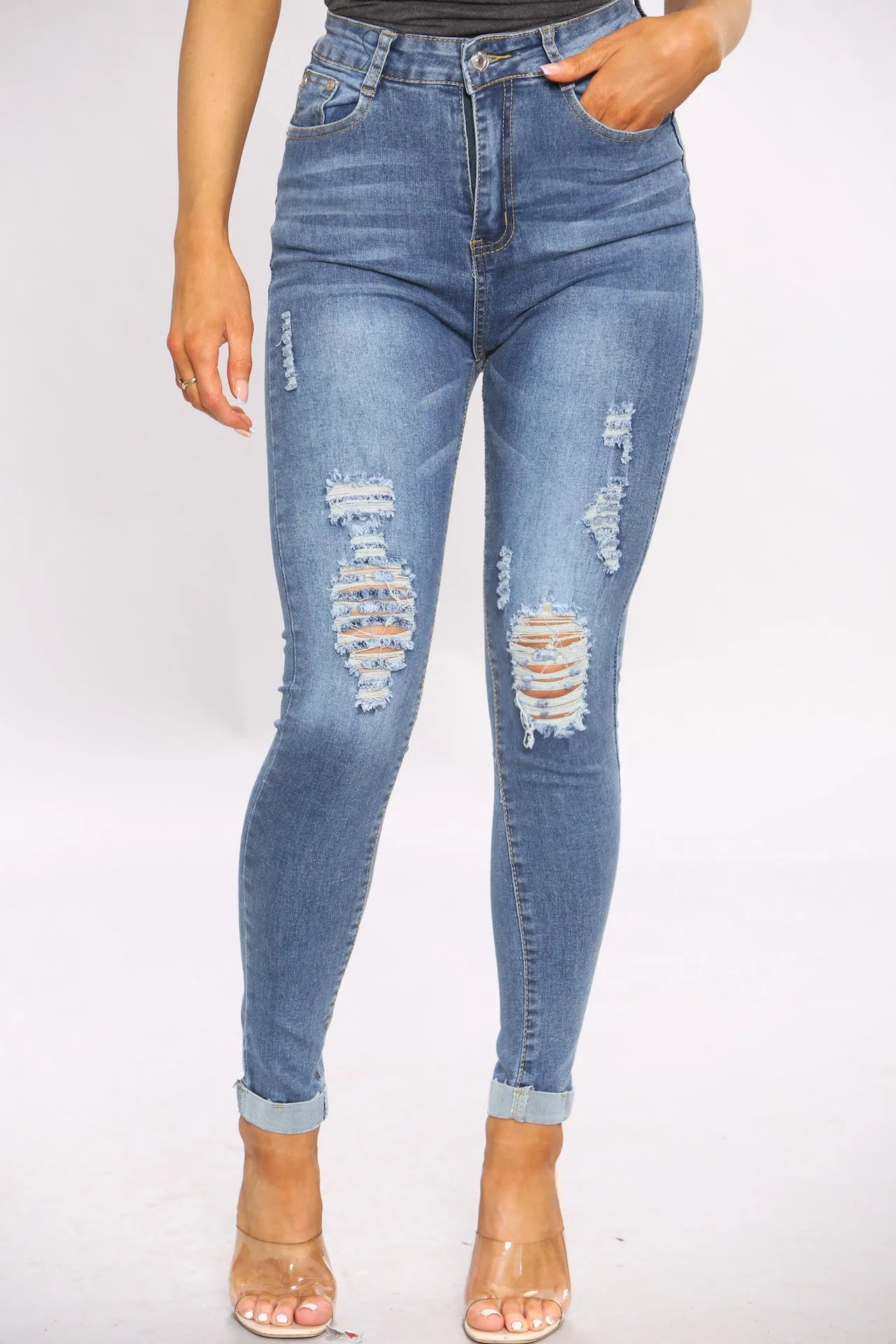 Denim Distressed Blue Wash Skinny Fit Jeans sold by Denimwise product image thumbnail 2