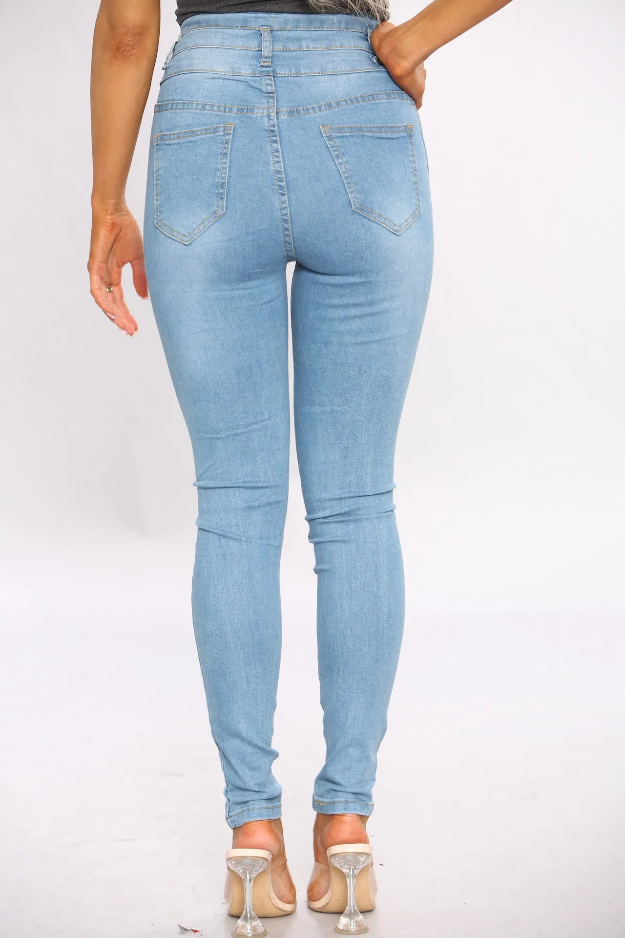 Blue Ripped Three Button Hem Skinny Jeans sold by Denimwise product image thumbnail 4