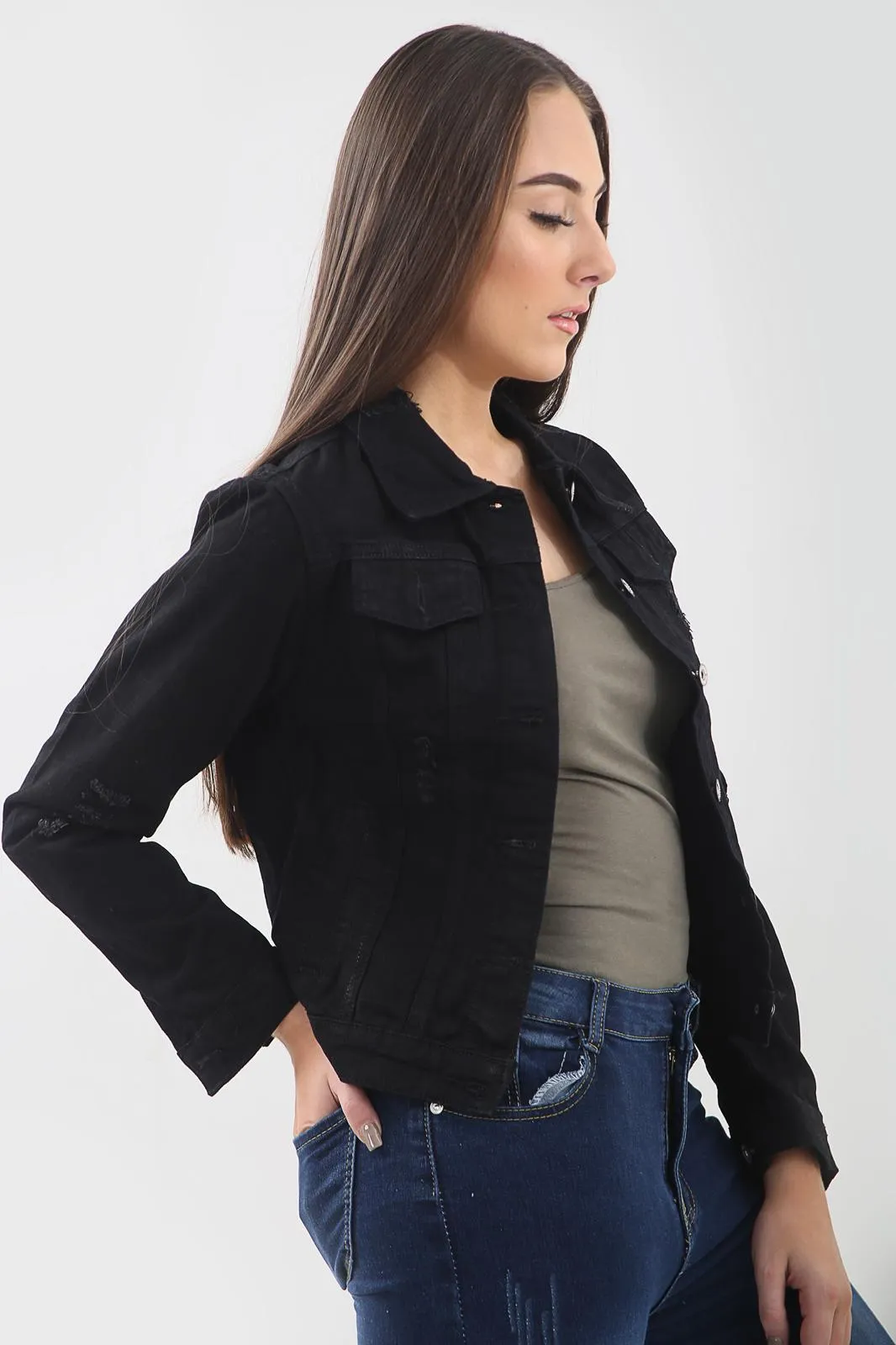 Black Distressed Denim Jacket sold by Denimwise product image thumbnail 2