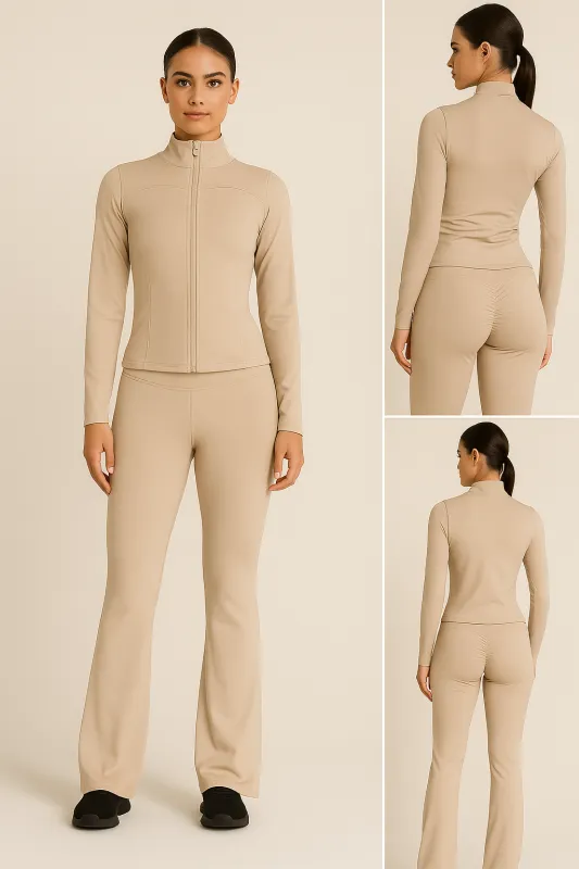 Beige Zip Front Gym Jacket And Flare Trouser Set (PACK OF SIX) sold by Denimwise