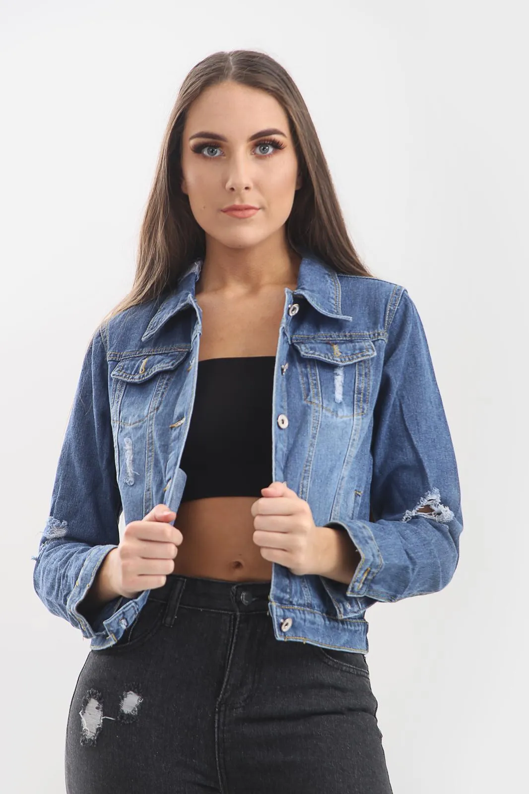 Women’s Distressed Denim Jacket – Cropped Jean Jacket sold by Denimwise product image thumbnail 5