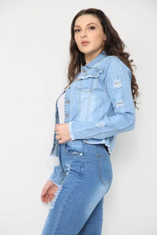 Women’s Distressed Denim Jacket – Cropped Jean Jacket made by Denimwise