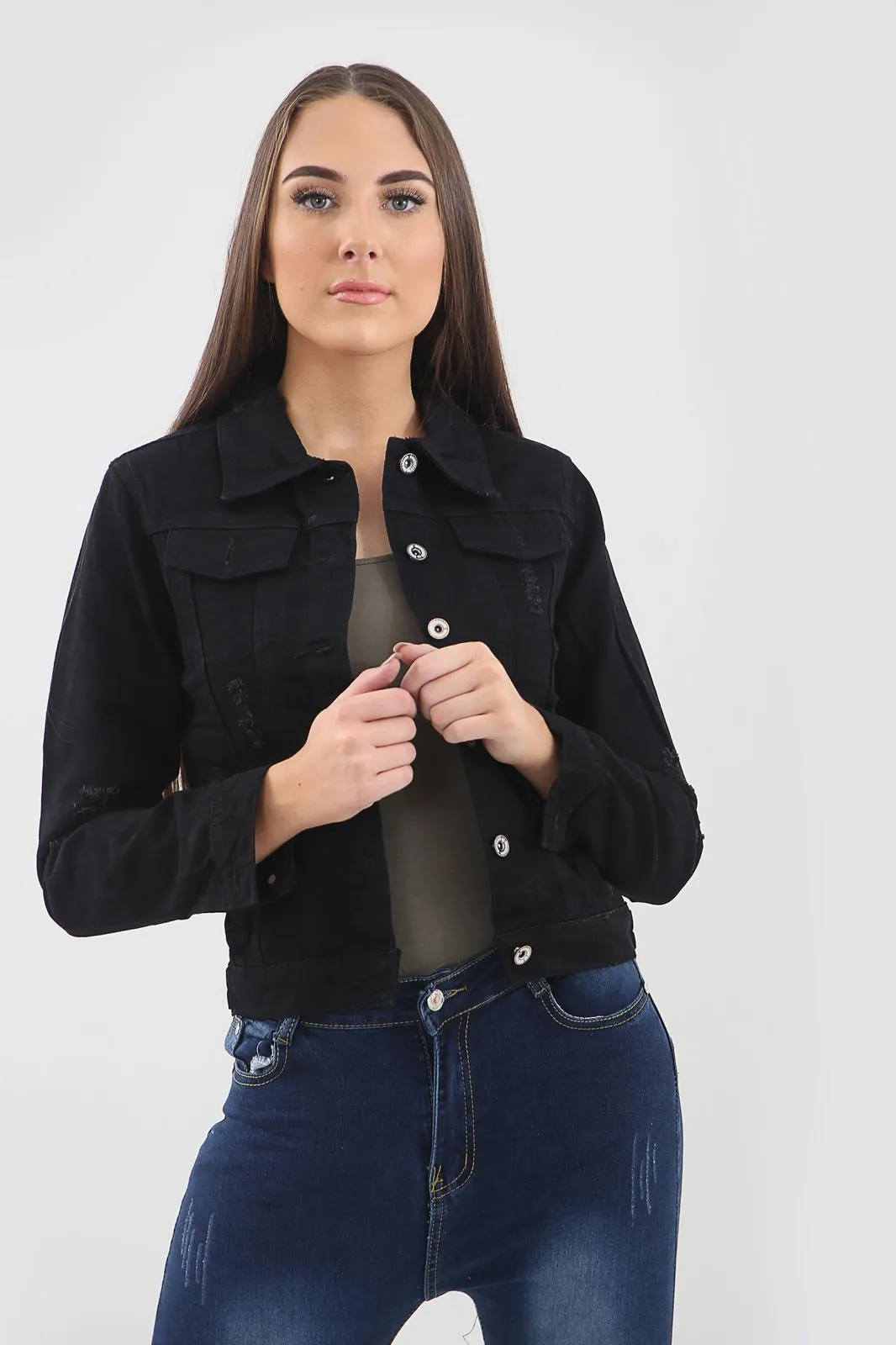 Women’s Distressed Denim Jacket – Cropped Jean Jacket sold by Denimwise product image thumbnail 4