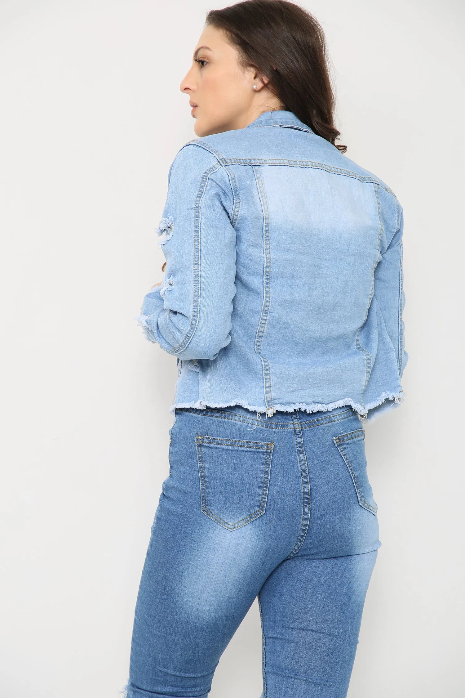 Women’s Distressed Denim Jacket – Cropped Jean Jacket sold by Denimwise product image thumbnail 3