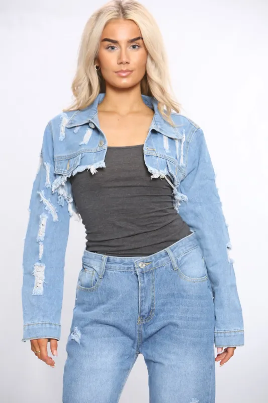 Distressed Short Denim Jacket For Women made by Denimwise