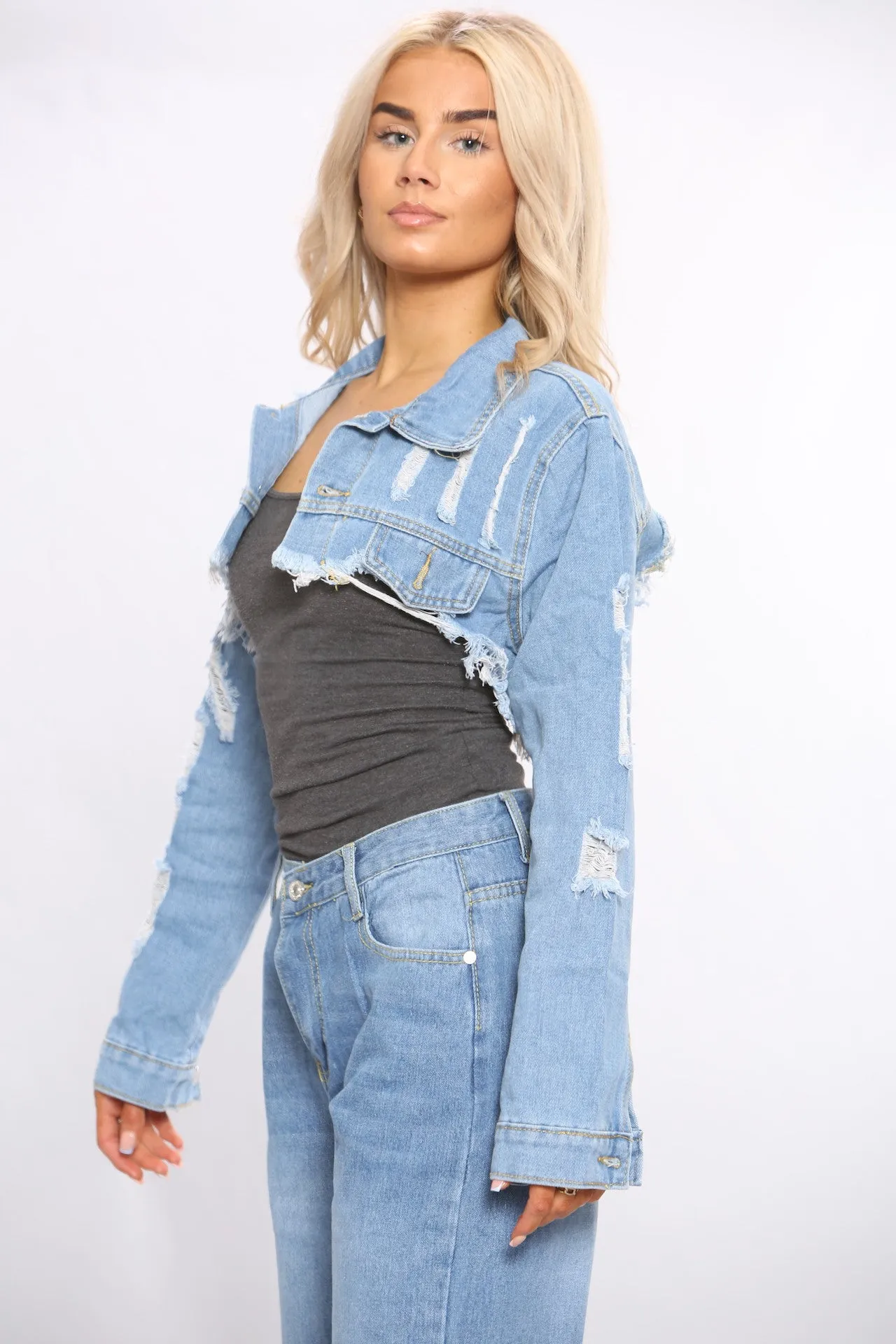 Distressed Short Denim Jacket For Women sold by Denimwise product image thumbnail 2