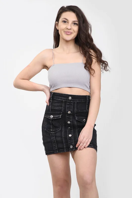 LADIES HIGH WAISTED BLACK BUTTON SKIRT For WOMEN made by Denimwise