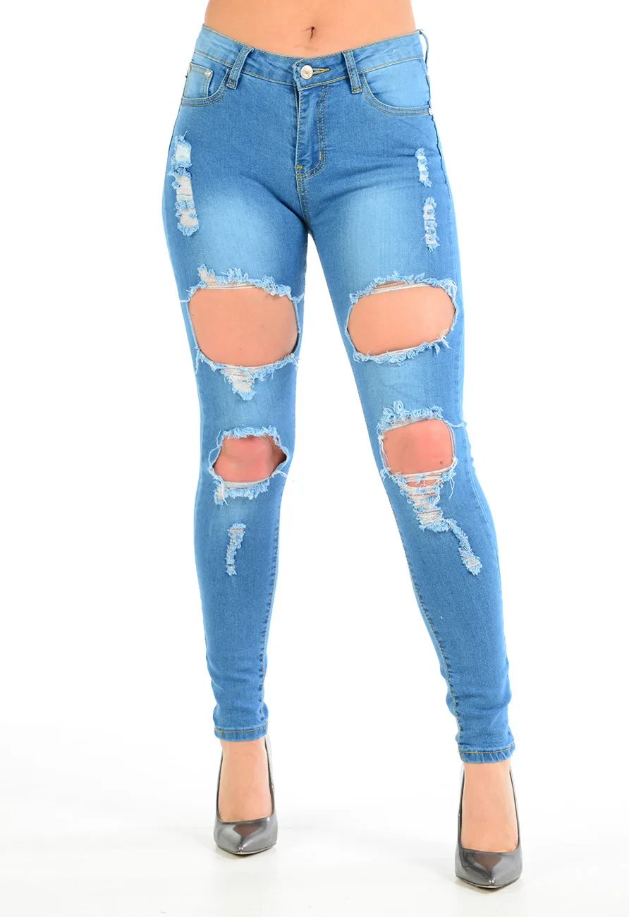 High Waisted Ankle Cut Out Distressed Skinny Jeans in Blue sold by Denimwise product image thumbnail 2