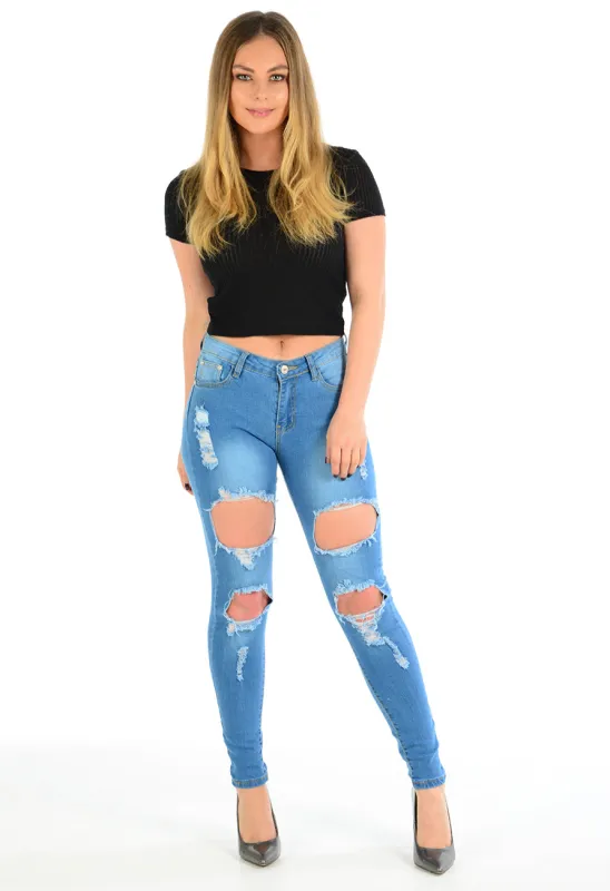High Waisted Ankle Cut Out Distressed Skinny Jeans in Blue made by Denimwise