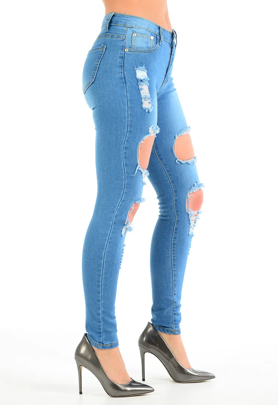 High Waisted Ankle Cut Out Distressed Skinny Jeans in Blue sold by Denimwise product image thumbnail 3