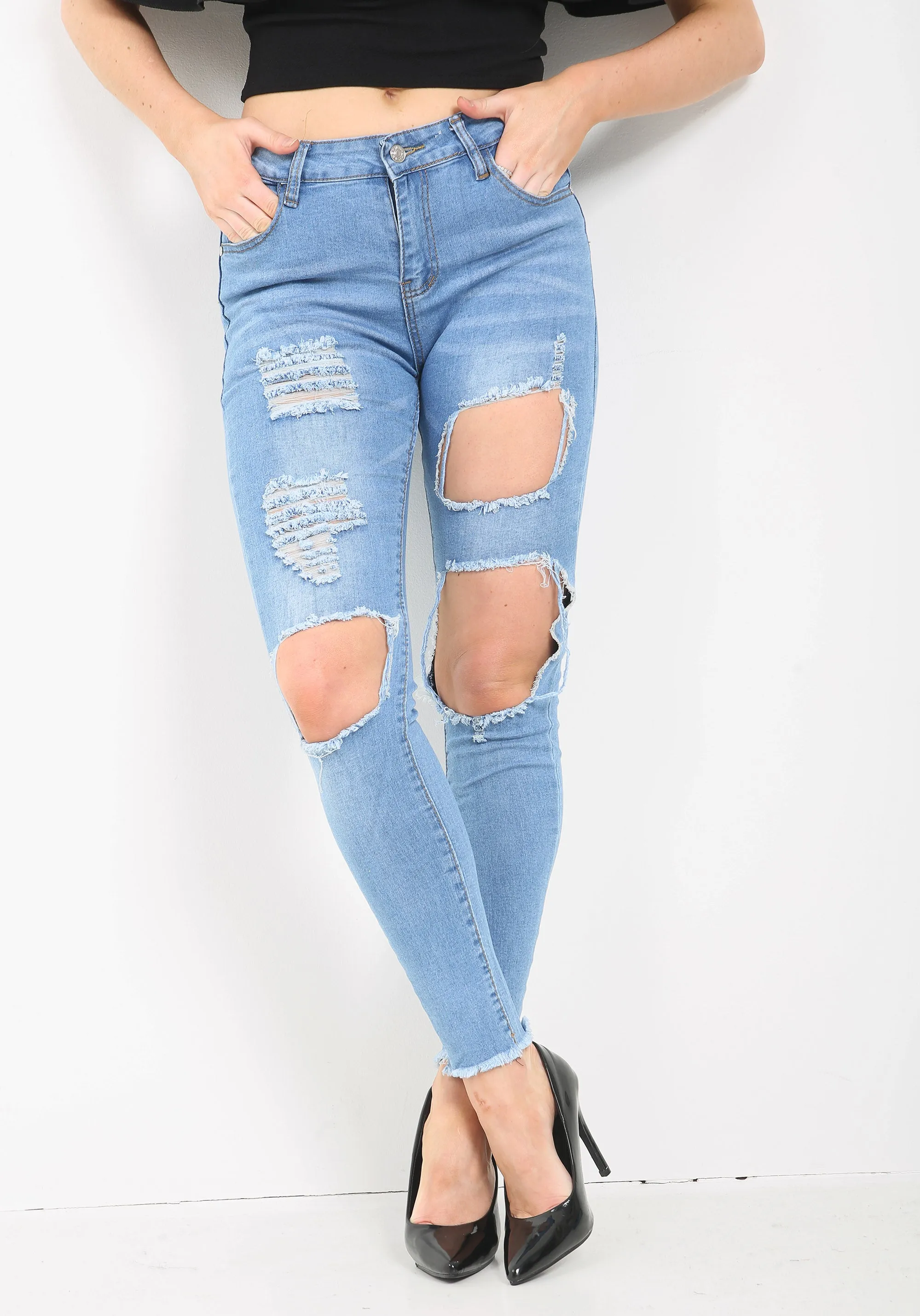 Catty Distressed Skinny Jeans - Light Blue Wash sold by Denimwise