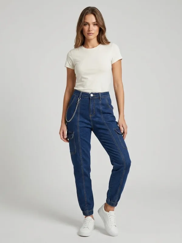 Women’s Denim Cargo Jeans with Chain Detail made by Denimwise
