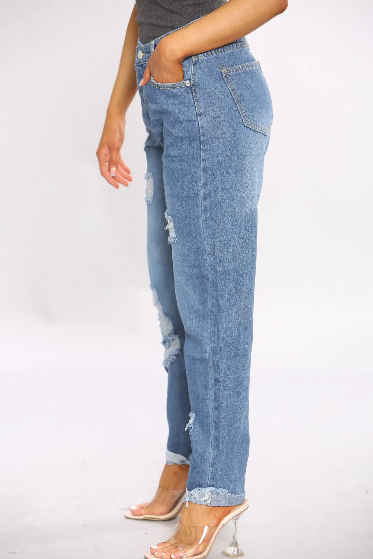 Ripped Denim Blue Mom Jeans sold by Denimwise product image thumbnail 3