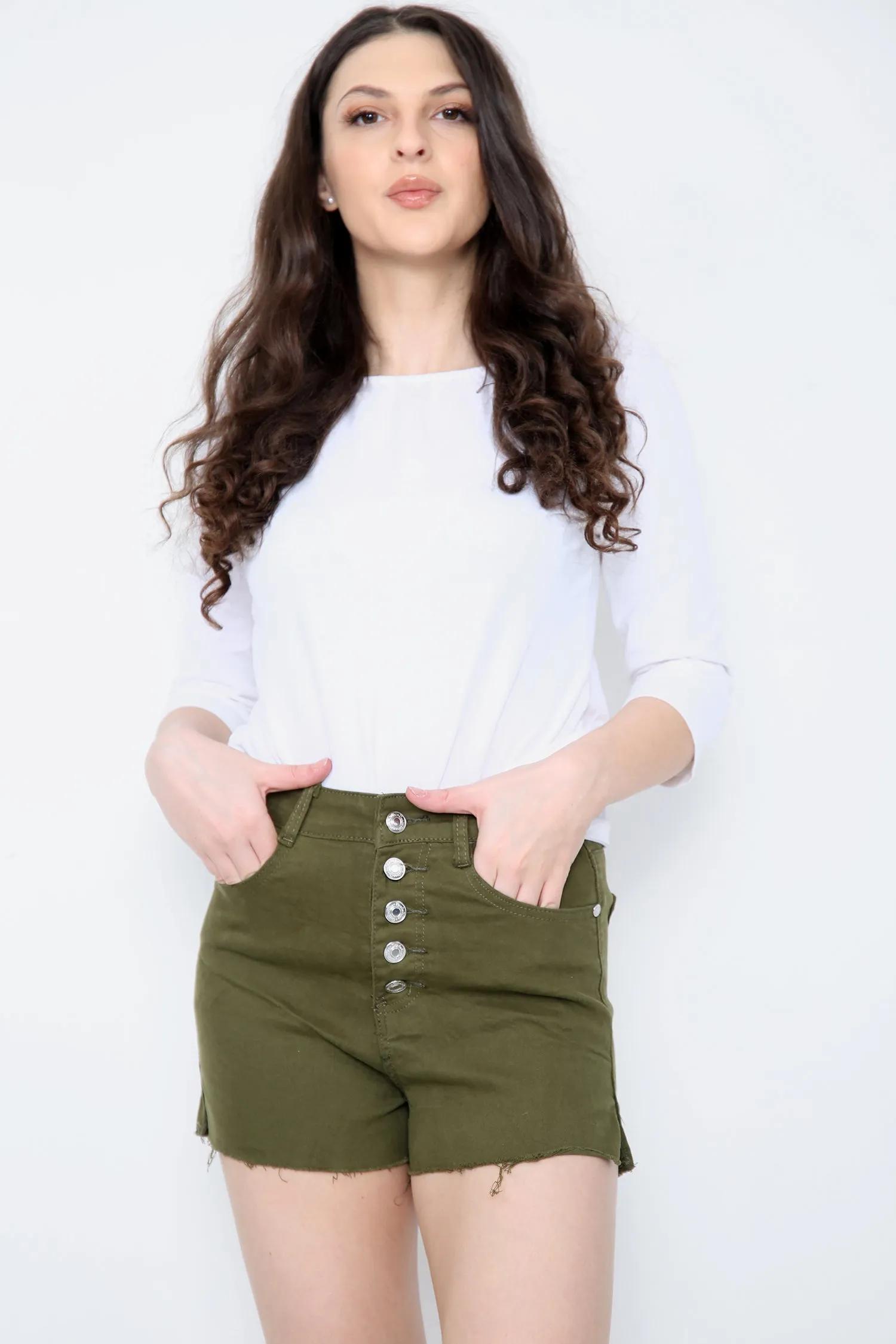 Khaki Buttons Distressed High Waisted Denim Shorts sold by Denimwise