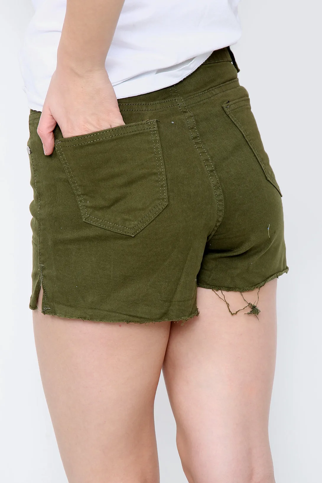 Khaki Buttons Distressed High Waisted Denim Shorts sold by Denimwise product image thumbnail 3