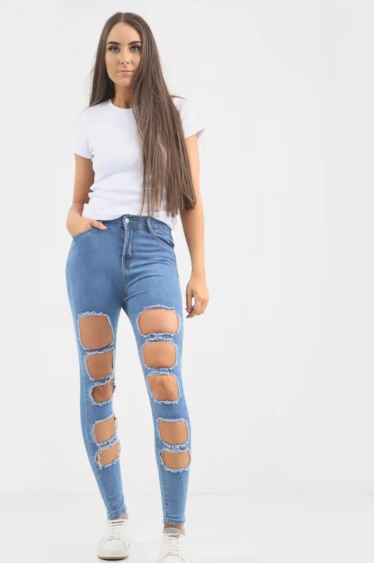 Ladies High waisted multi ripped Jeans sold by Denimwise