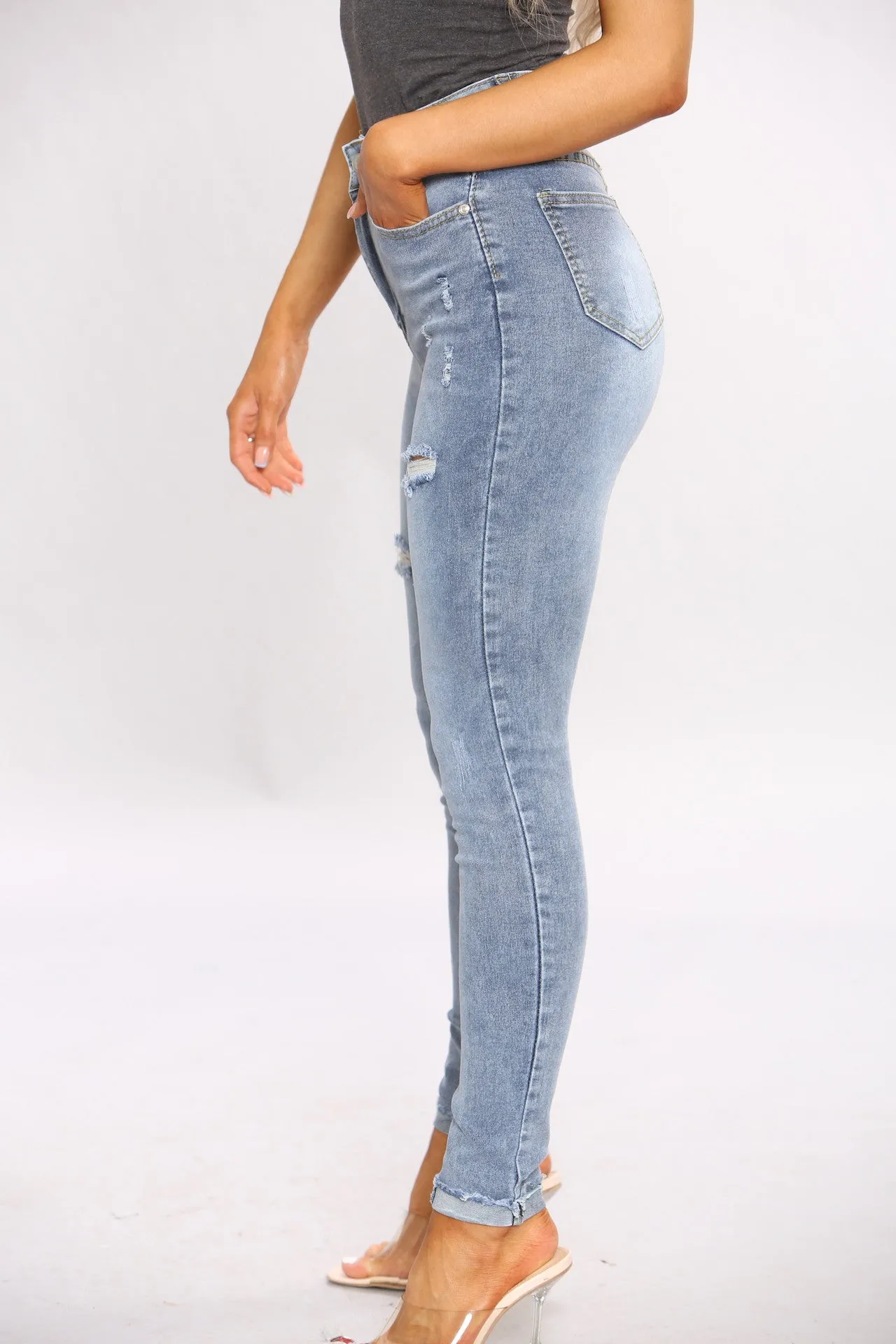 Blue Ripped Knee Skinny Jeans sold by Denimwise product image thumbnail 4