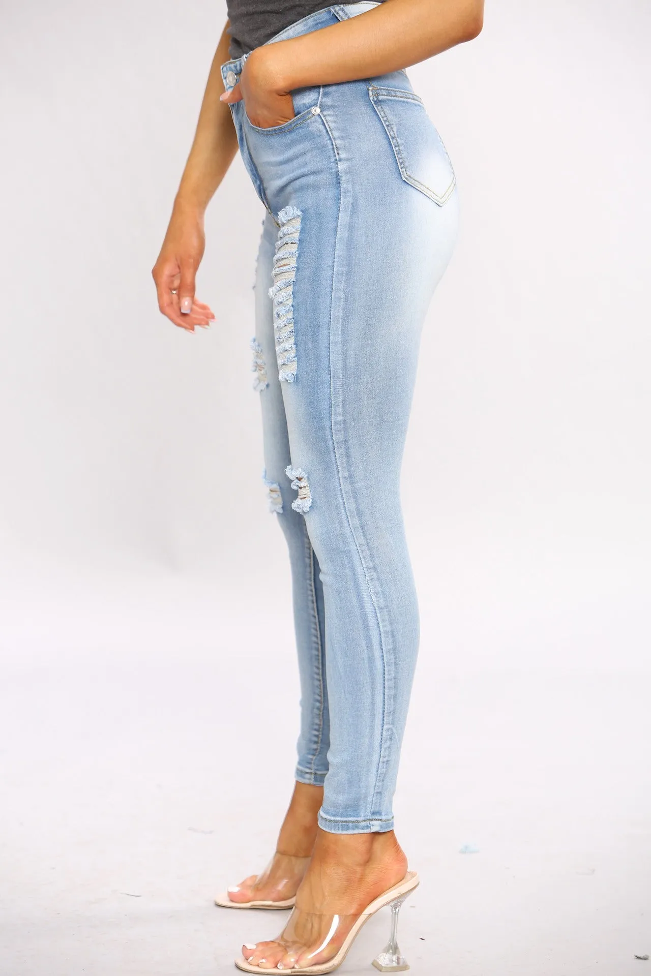 Light Blue Wash Skinny Jeans With Raw Hem sold by Denimwise product image thumbnail 3