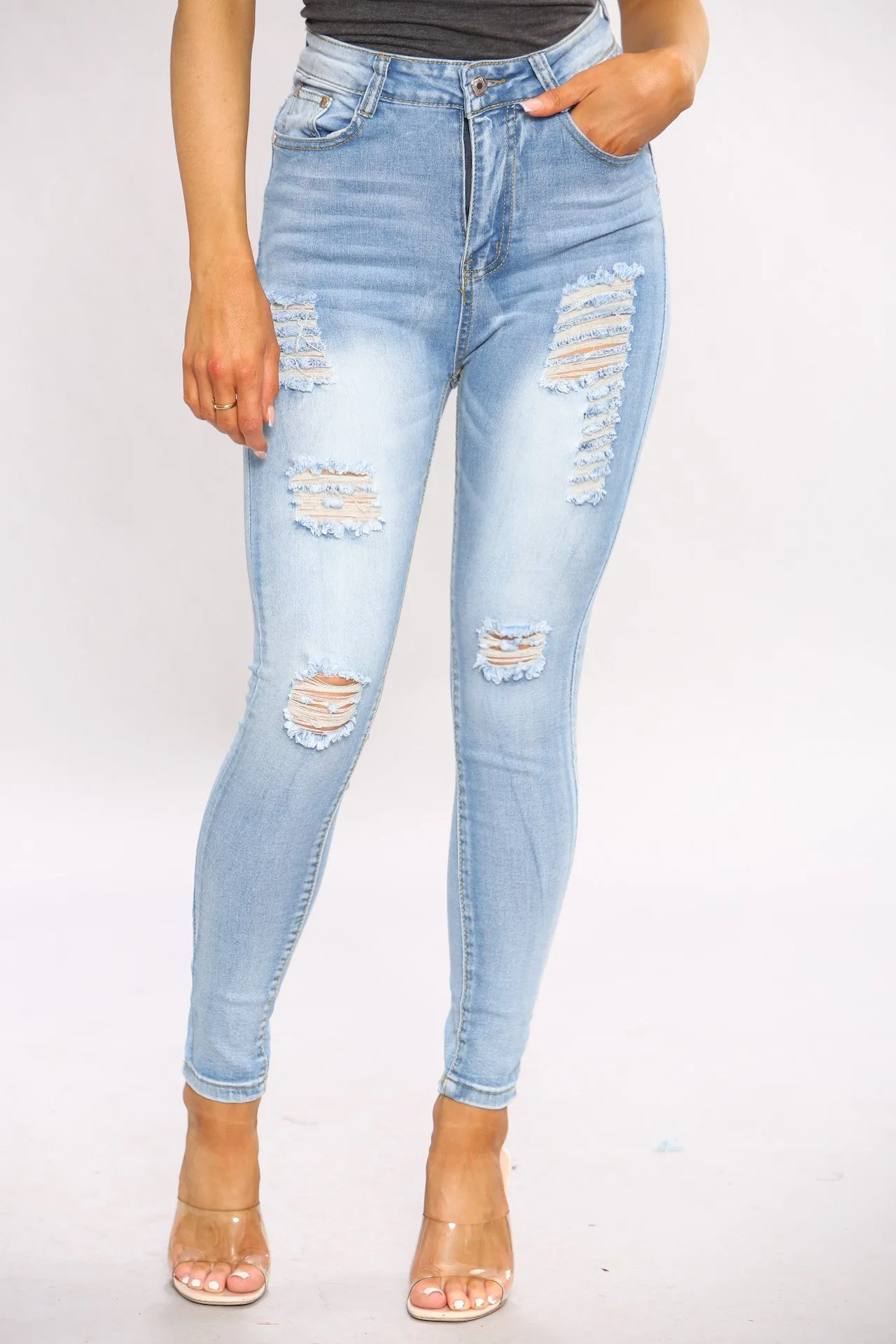 Light Blue Wash Skinny Jeans With Raw Hem sold by Denimwise product image thumbnail 2