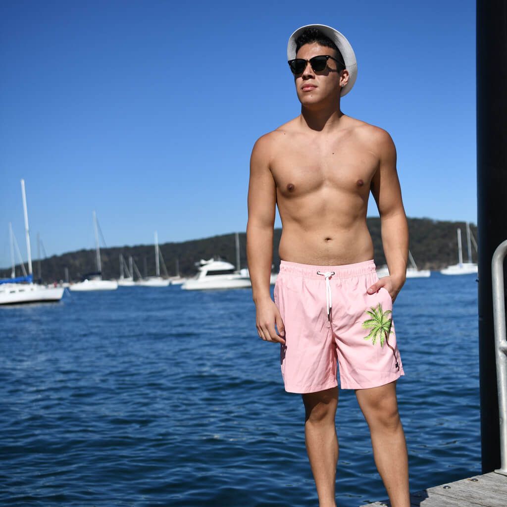 Men's 6'' Inseam embroidered swim trunks-Palm Pastel sold by IslandHaze product image thumbnail 2