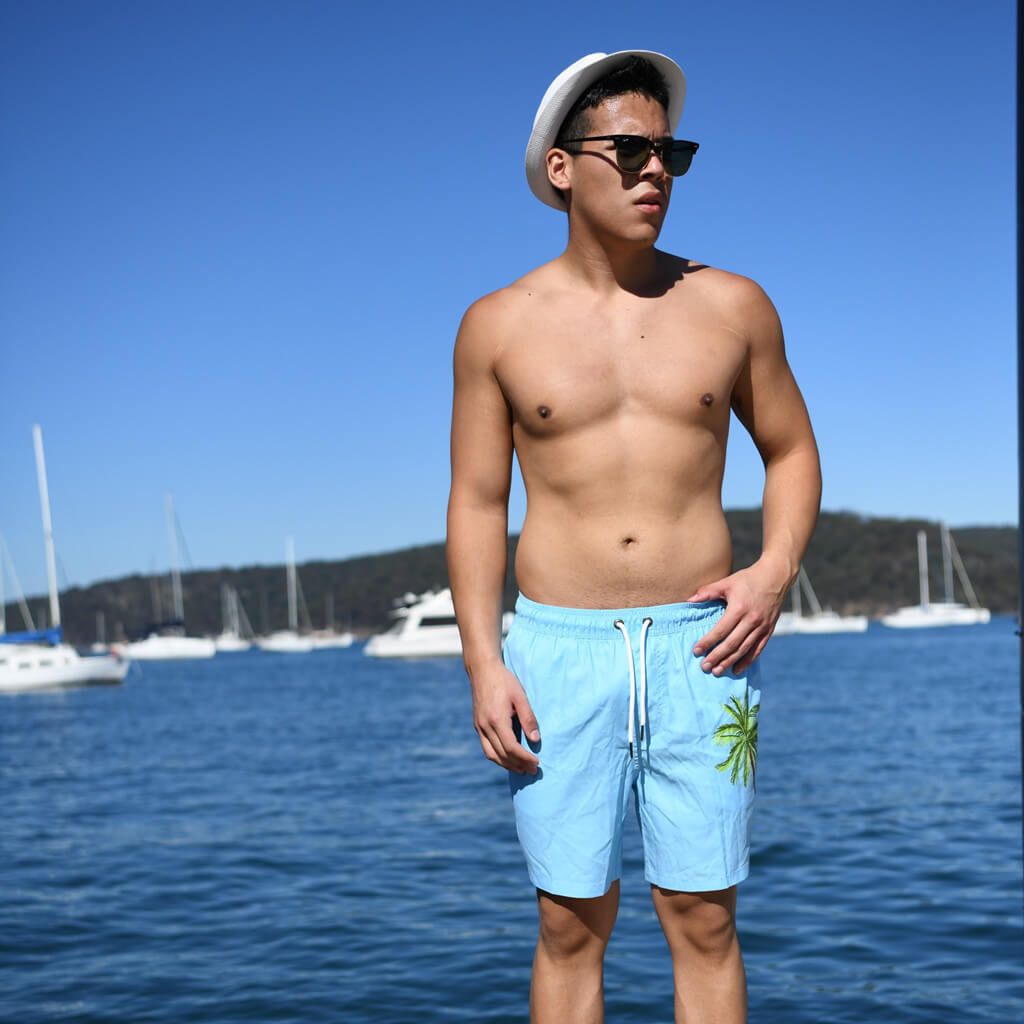 Men's 6'' Inseam embroidered swim trunks-Palm Pastel sold by IslandHaze product image thumbnail 3