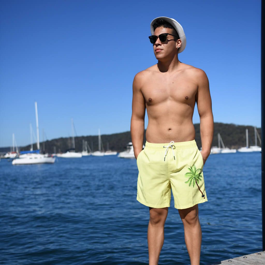 Men's 6'' Inseam embroidered swim trunks-Palm Pastel sold by IslandHaze product image thumbnail 4