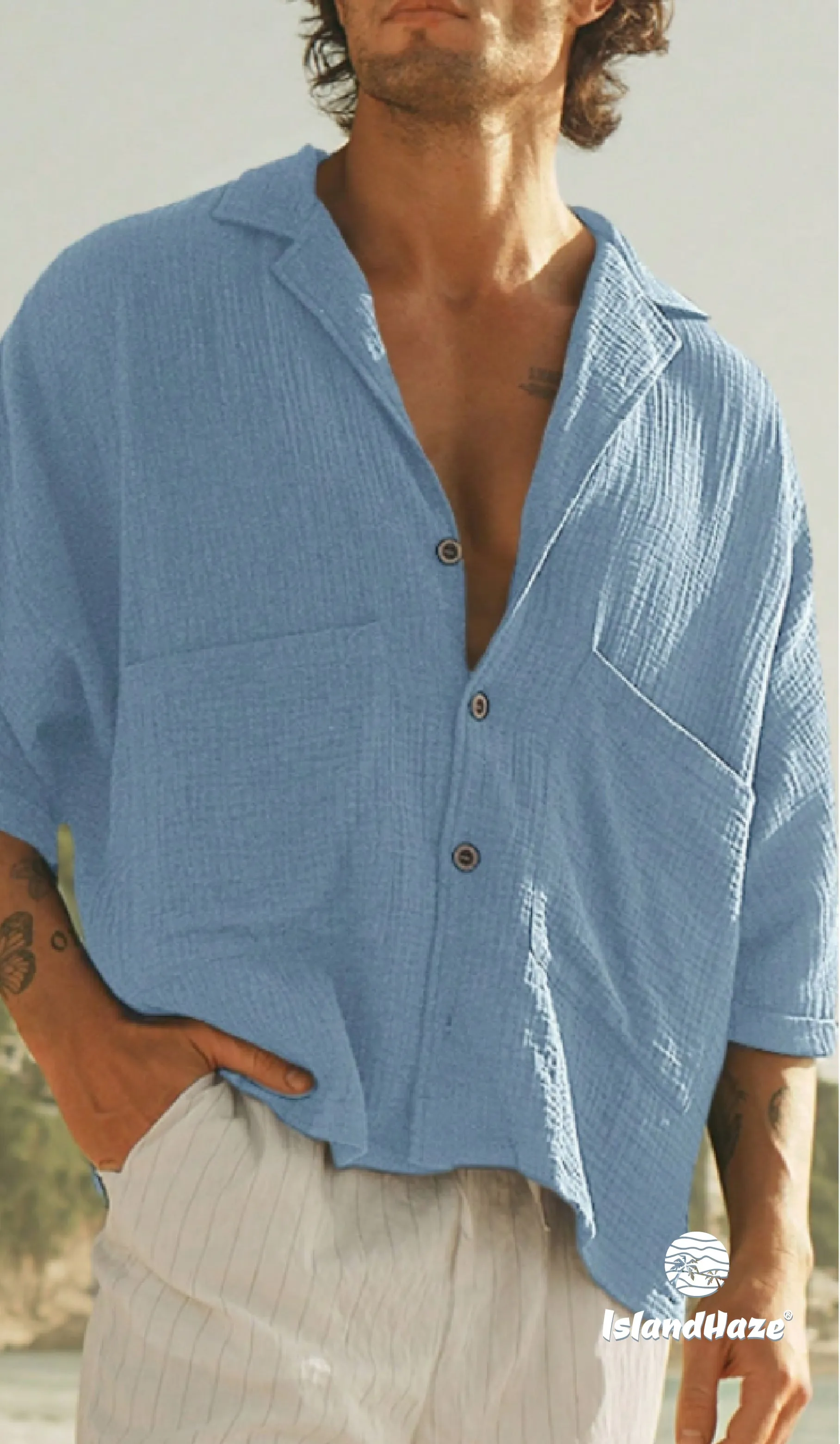 Short Sleeve Cotton Gauze Men’s Top -Lightweight Resort Wear-RAKINO sold by IslandHaze