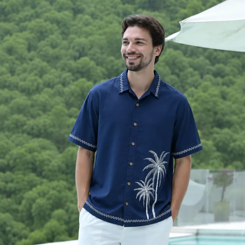 Men's Linen Cotton Coastal Short Sleeve Embroidered Shirt - LSLE PALMS made by IslandHaze