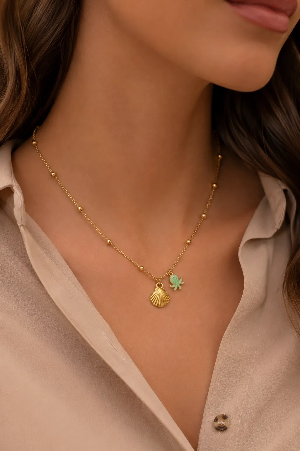 14K Seashell & Mint Octopus Charm Satellite Necklace sold by IslandHaze product image thumbnail 2