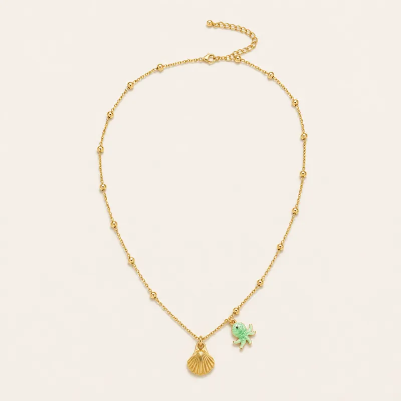 14K Seashell & Mint Octopus Charm Satellite Necklace made by IslandHaze