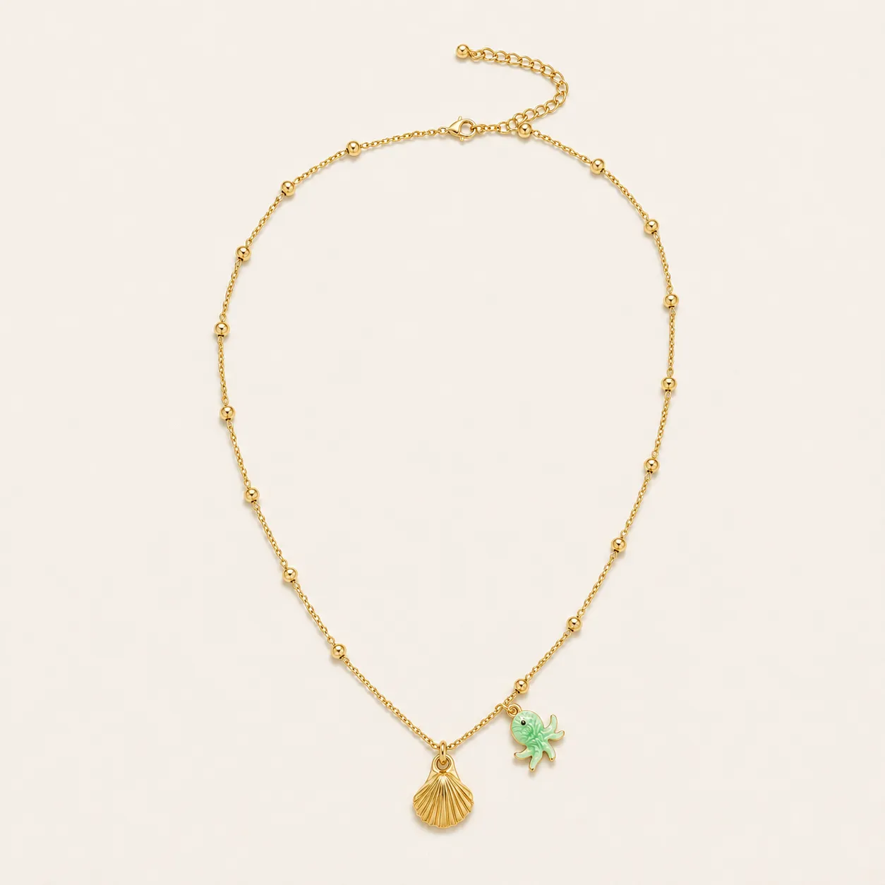 14K Seashell & Mint Octopus Charm Satellite Necklace sold by IslandHaze