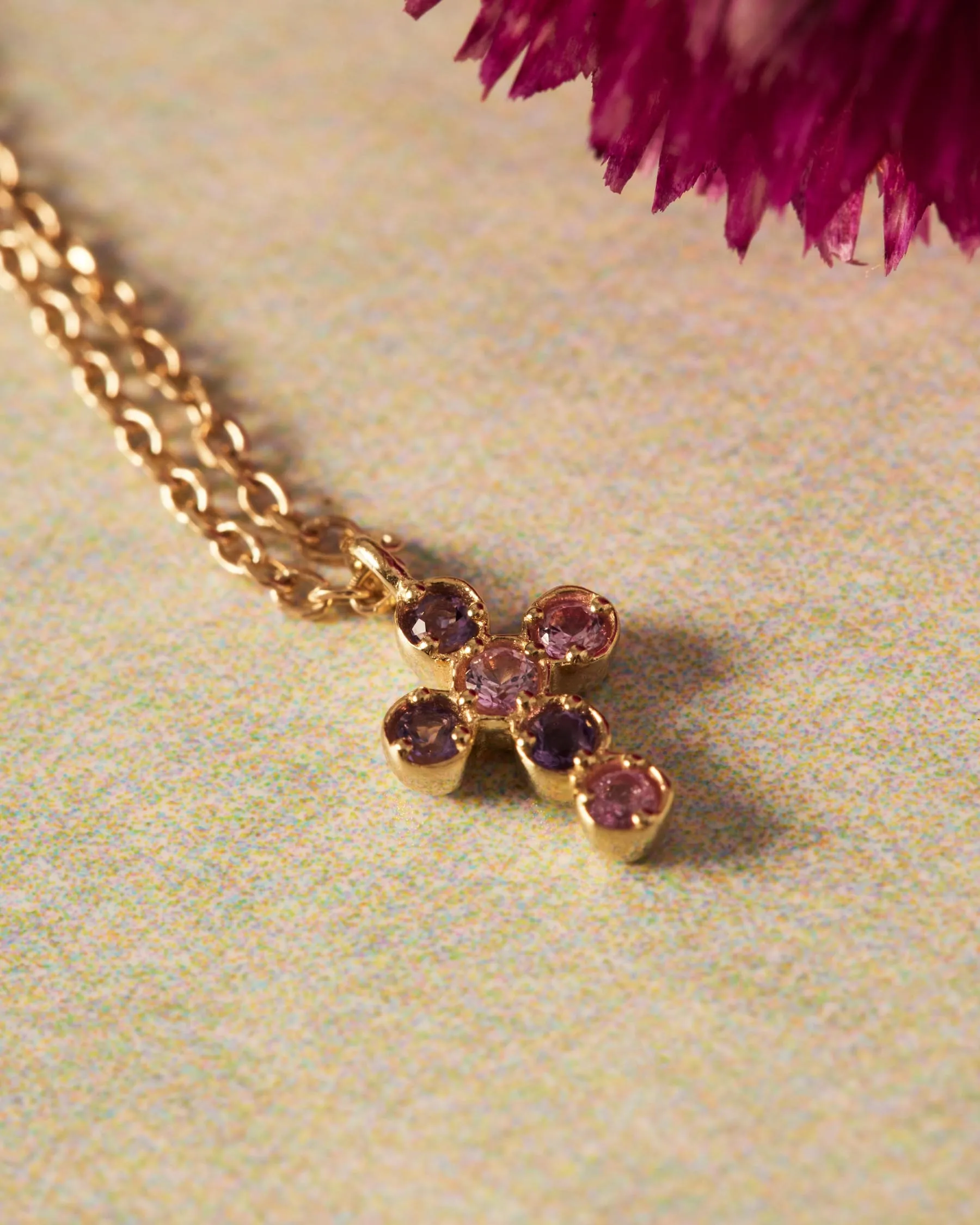 Cross Necklace : Solid Gold 9k : Pink Sapphire : Amethyst sold by Apodemia