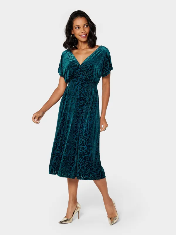 GWD Nadia Devore Velvet Teal Midi Dress sold by George W. Davies