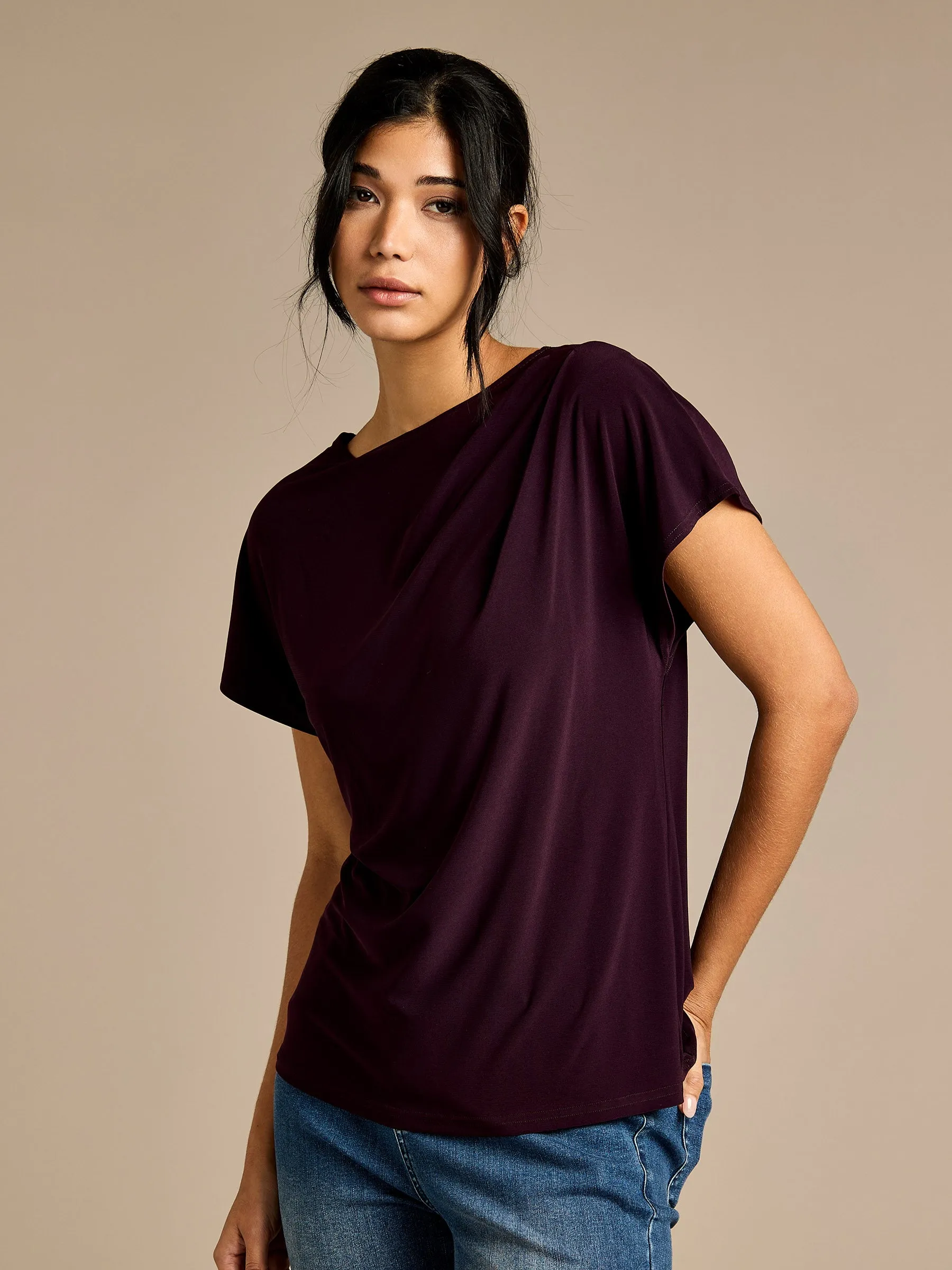 Ellie Purple Drape Top sold by George W. Davies