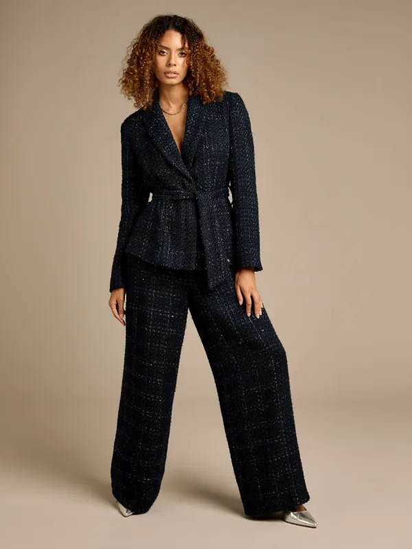 Claire Boucle Navy Tie Jacket and Wide Leg Trouser Outfit sold by George W. Davies