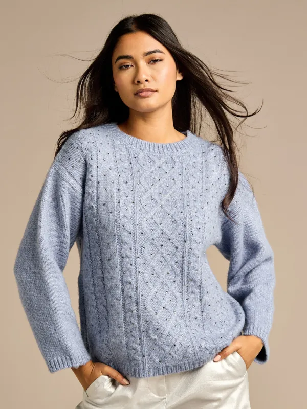 GWD Jerica Blue Wool Cable Knit Diamanté Jumper sold by George W. Davies