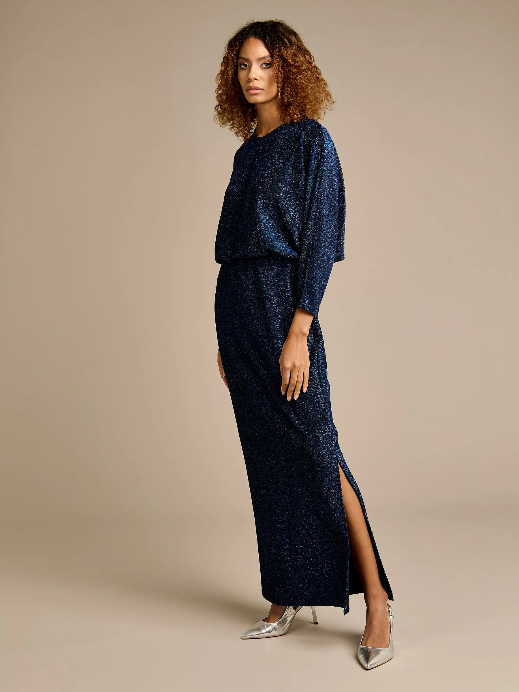 GWD Carly Sparkle Matallic Blue Maxi Dress sold by George W. Davies