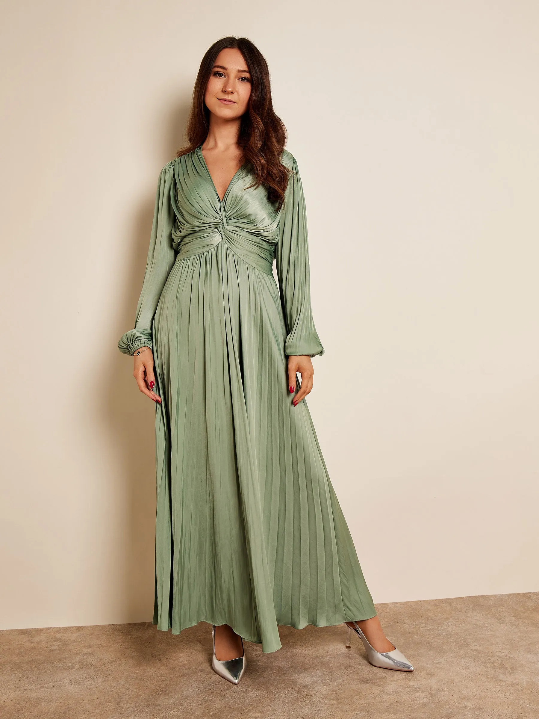 GWD Wilma Pleated Satin V-Neck Sage Maxi Dress sold by George W. Davies product image thumbnail 2