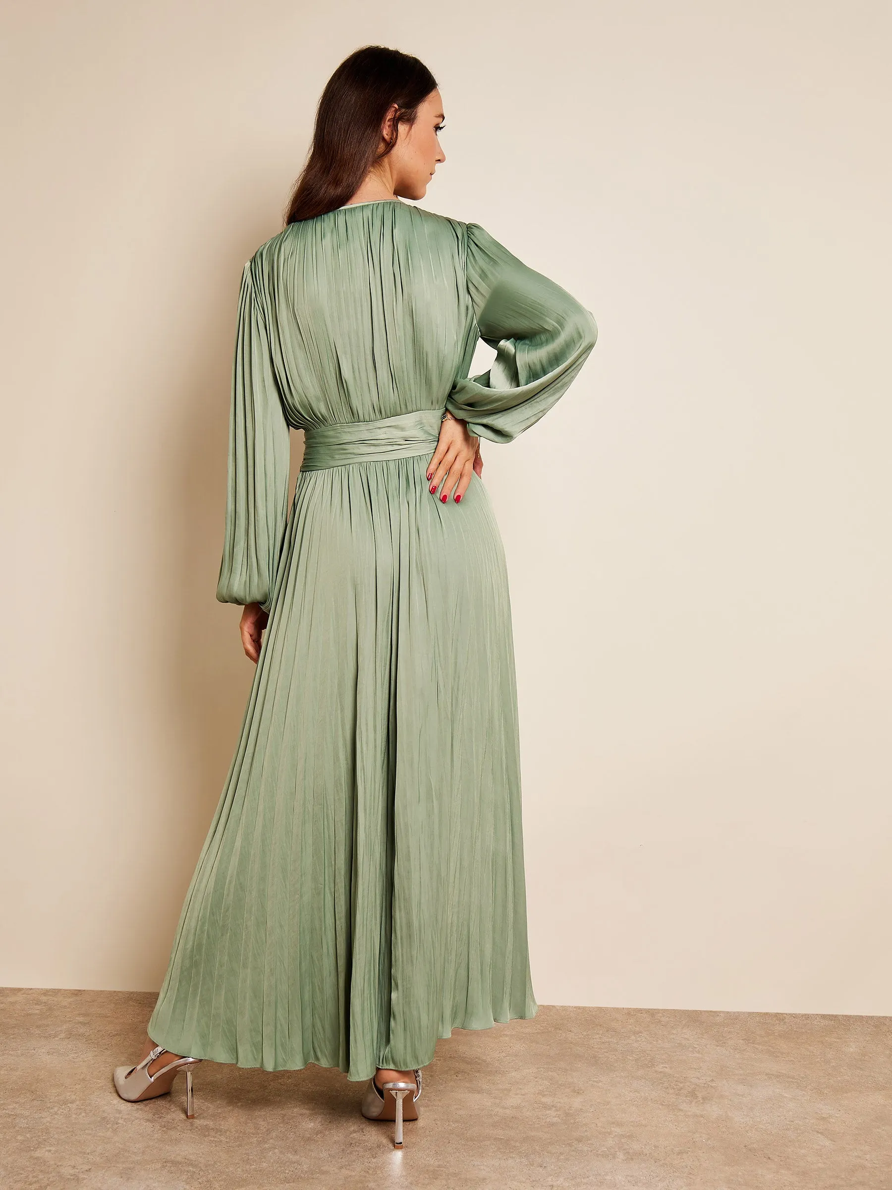 GWD Wilma Pleated Satin V-Neck Sage Maxi Dress sold by George W. Davies product image thumbnail 4